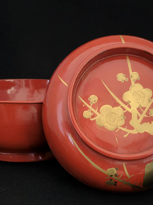 Antique Japanese Red Lacquerware bowl in red with gold plum blossoms from Zenbu Home