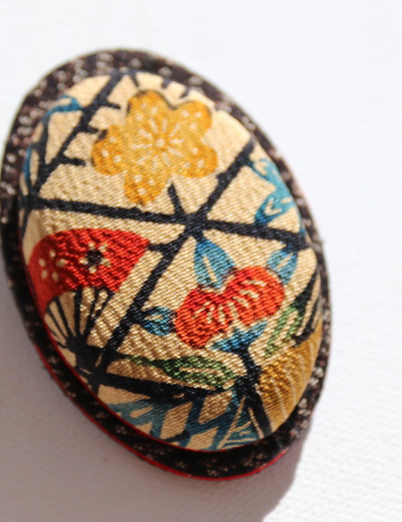 Pretty handmade Japanese brooch in vintage kimono fabric with fans and flowers