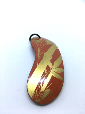 Stunning Japanese vintage lacquerware pendant in vermillion and handpainted with gold